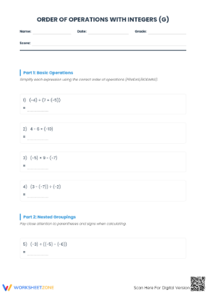 Order of Operations with Integers Worksheet | Printable Math