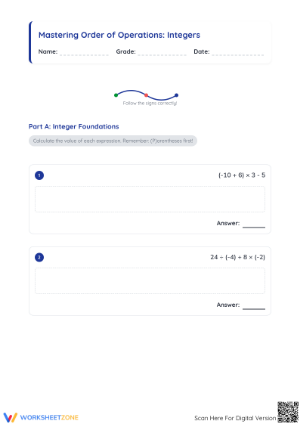 Essential Order of Operations Integer Worksheet | Grade 7