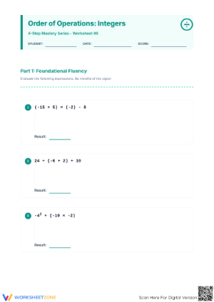 Printable 4-Step Order of Operations Integers Mastery