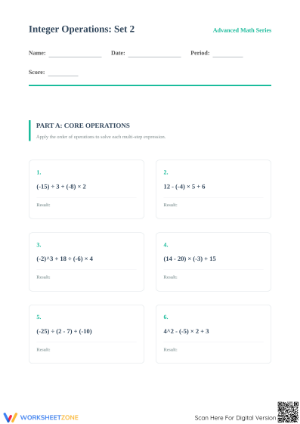 Essential Integer Order of Operations Worksheet | Grade 7