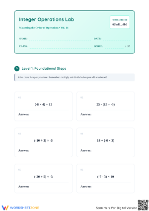 Essential Integer Order of Operations Worksheet | Grade 7