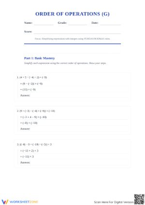 Order of Operations Integers Worksheet | Grade 6 Essential