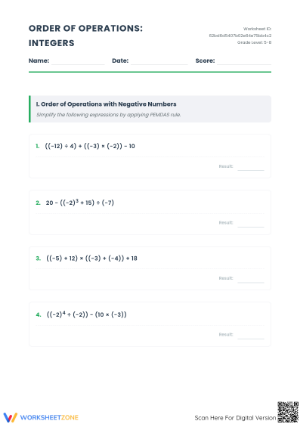 Integer Order of Operations Worksheet | Grade 6 Essential