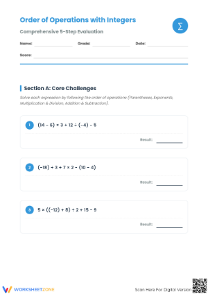 Essential Order of Operations with Integers Worksheet