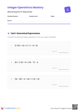 Essential Integer Operations Mastery Worksheet | Grade 7