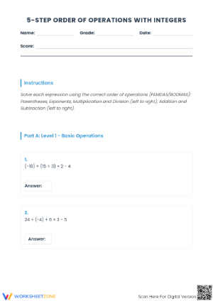 Essential Order of Operations with Integers Worksheet
