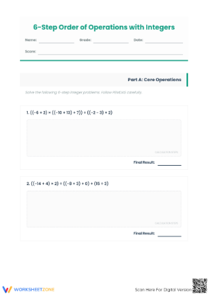 Printable Order of Operations with Integers | 6-Step Grade 6