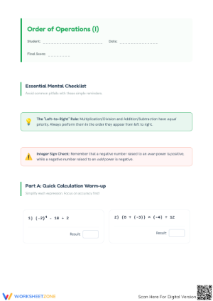 Printable Order of Operations: Integers | Grade 7 Aligned