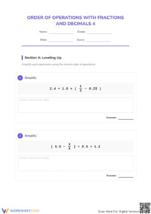 Essential Grade 7 Order of Operations Fractions Worksheet