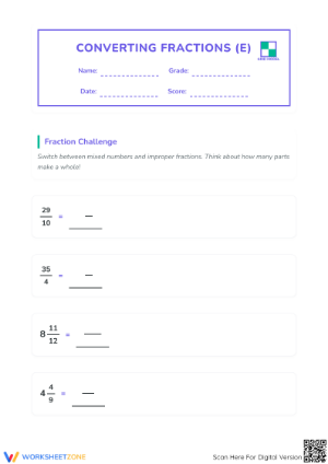 Printable Fraction Conversion Worksheet | Grade 3 Math
