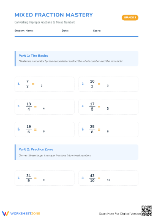 Printable Improper to Mixed Fractions | Grade 3 Math