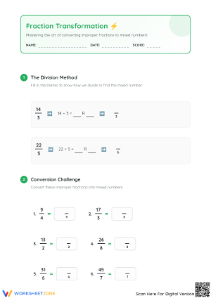 Essential Improper Fractions to Mixed Numbers Worksheet
