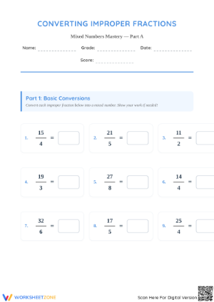 Essential Grade 3 Improper Fractions to Mixed Numbers