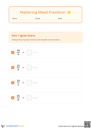 Grade 3 Mixed Fractions — Printable No-Prep Worksheet