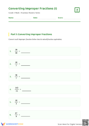 Essential Improper to Mixed Fractions Worksheet | Grade 3