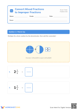 Essential Grade 3 Mixed to Improper Fractions Worksheet