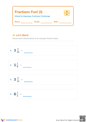 Printable Mixed to Improper Fractions | Grade 3 Math