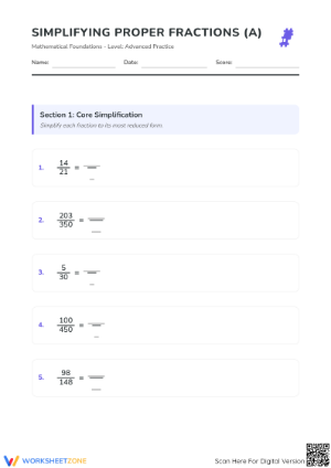 Essential Simplify Fractions (Hard) Worksheet | Grade 4-8