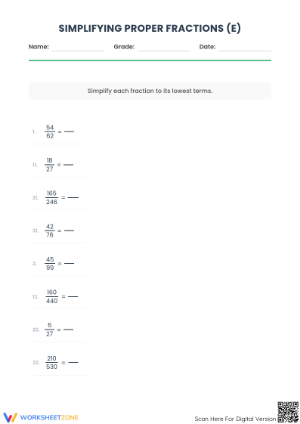 Printable Simplify Fractions Worksheet | Grade 4-6 Math