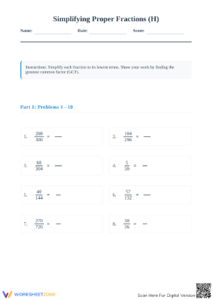 Printable Simplifying Fractions Worksheet | Grade 4 Aligned