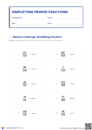 Printable Simplifying Fractions Worksheet | Grade 5-8 Math