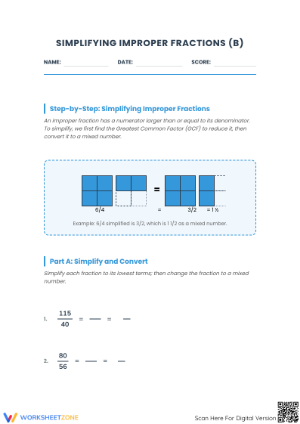 Printable Simplifying Improper Fractions Worksheet | Grade 5