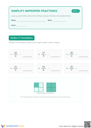 Essential Improper Fractions Worksheet | Grade 4-5 Math