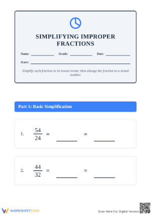 Essential Grade 4 Simplifying Improper Fractions Worksheet