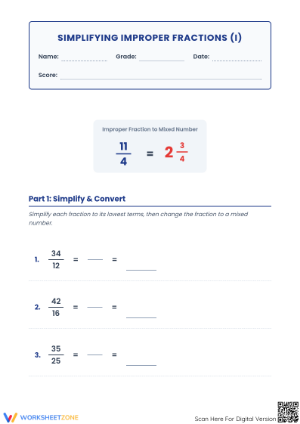 Essential Simplifying Improper Fractions Worksheet | Grade 5