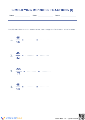 Printable Simplifying Improper Fractions Worksheet | Grade 4