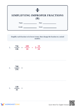 Printable Worksheet: Simplifying Improper Fractions (Grade 5)
