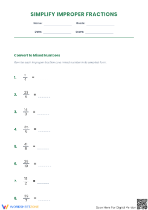 Essential Improper Fractions Worksheet | Grade 4-5 Math