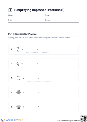 Printable Improper Fractions Worksheet | Grade 5 Math