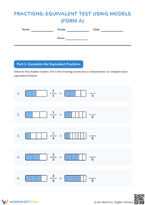Printable Equivalent Fractions Test | Grade 3 Math