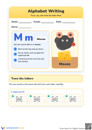 Alphabet Writing M — Printable Kindergarten ELA Worksheet