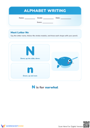 Printable Letter N Writing Worksheet | Grade K-1 ELA