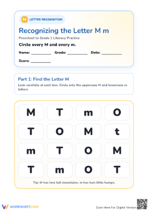 Printable Letter Mm Recognition Worksheet | Grade K ELA