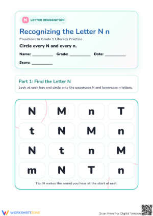 Essential Letter N Recognition Worksheet | Grade K-1