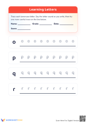 Printable Lowercase Letters o-u Tracing Worksheet | Grade K