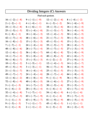 Dividing Integers: Comprehensive Worksheet
