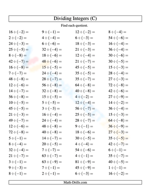 Dividing Integers: Comprehensive Worksheet