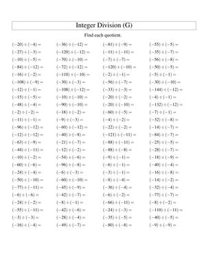 Worksheet for Skill Development Dividing Integers