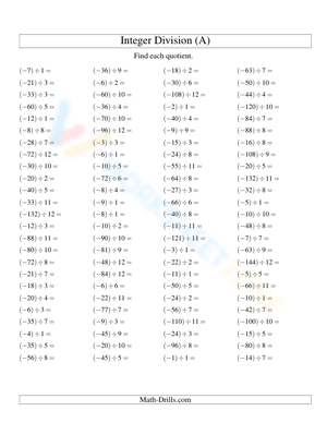 Integer Division Worksheet for Skills Practice