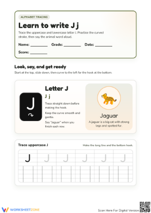 Printable Learn to Write Letter J Worksheet | Grade K-1
