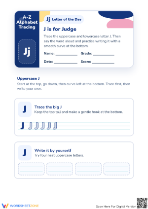 Printable Letter J Tracing Worksheet | Grade K Essential