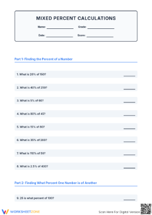 Essential Mixed Percent Calculations Worksheet | Grade 6-8