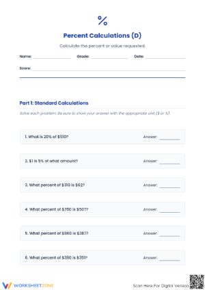 Printable Mixed Percent Calculations | Grade 6 Math