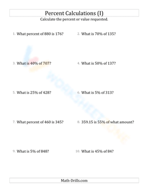 Percent Calculations and Finding Values Math Worksheet