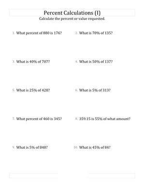 Percent Calculations and Finding Values Math Worksheet