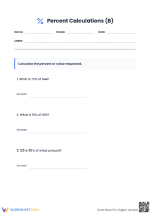 Essential Mixed Percent Calculations Worksheet | Grade 6-8